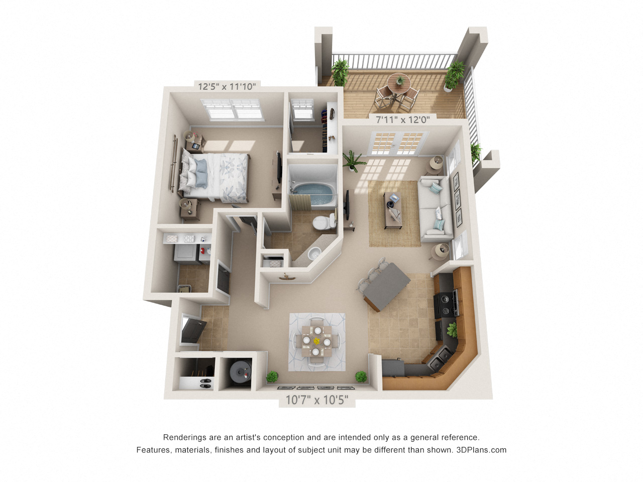 Floor plan for 1 bed, 1 bath, 840 sqft